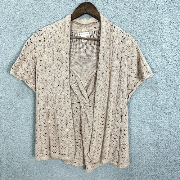 Valerie Bertinelli Cardigan M Beige Crochet Open Knit Boho Cottagecore Y2K Layer - Picture 1 of 5